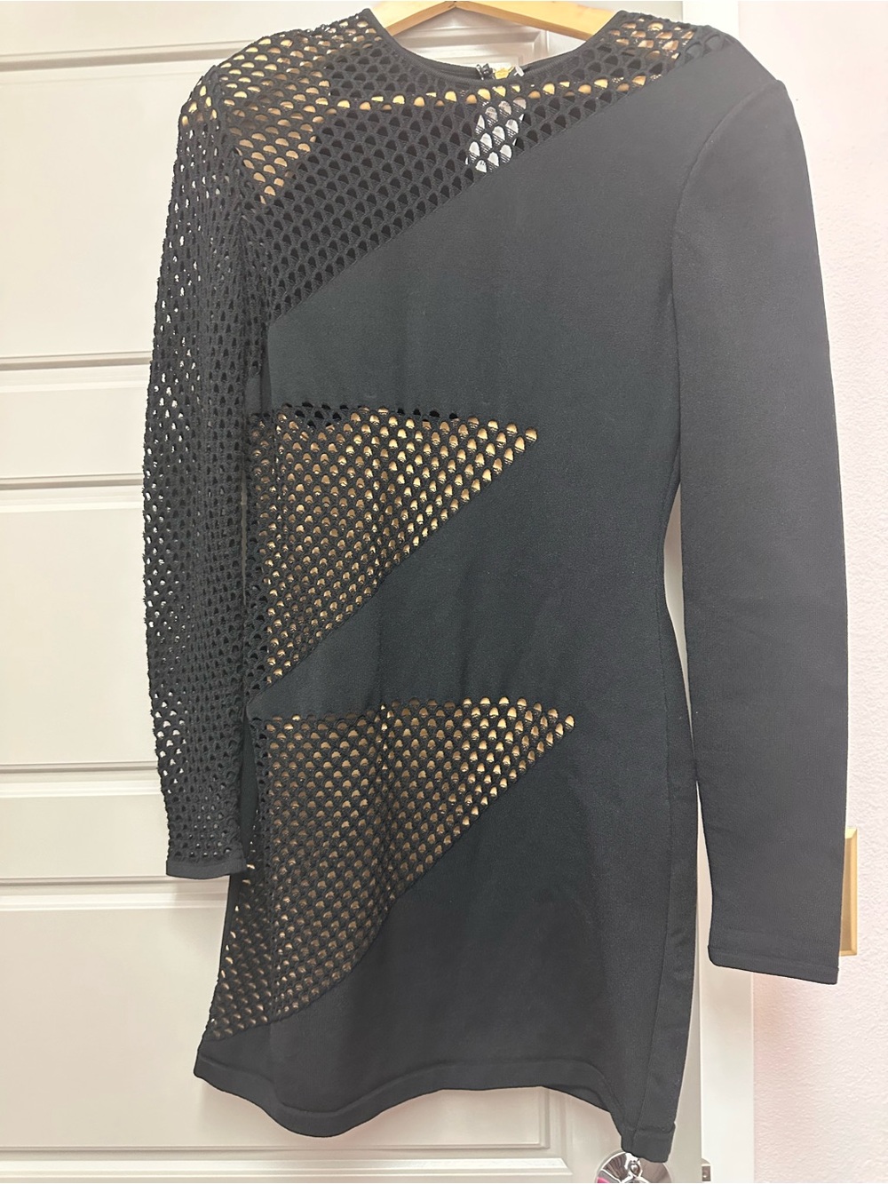 Balmain Mesh-Panel Long-Sleeve Mini Dress Black & Gold Size 42 - NEW WITH TAGS